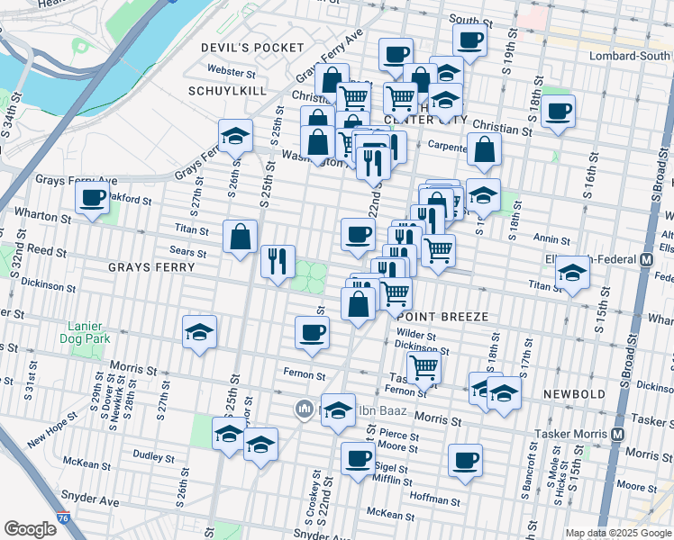 map of restaurants, bars, coffee shops, grocery stores, and more near 2233 Wharton Street in Philadelphia