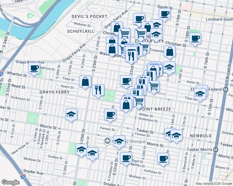 map of restaurants, bars, coffee shops, grocery stores, and more near 2233 Wharton Street in Philadelphia