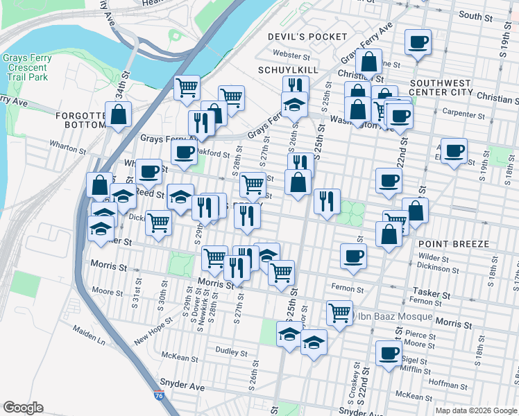 map of restaurants, bars, coffee shops, grocery stores, and more near in Philadelphia
