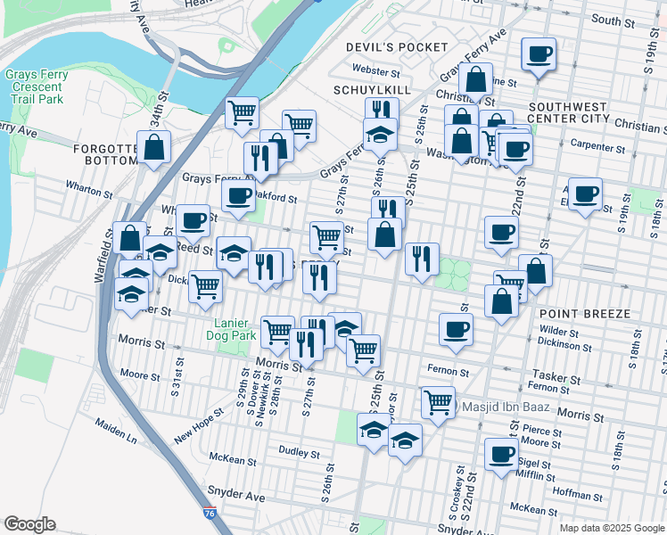 map of restaurants, bars, coffee shops, grocery stores, and more near 2649 Reed Street in Philadelphia