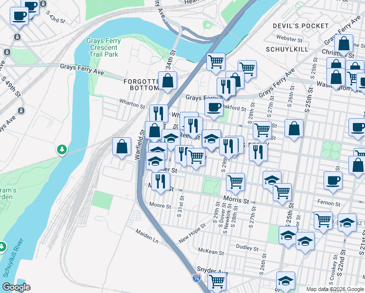 map of restaurants, bars, coffee shops, grocery stores, and more near 1425 South Patton Street in Philadelphia