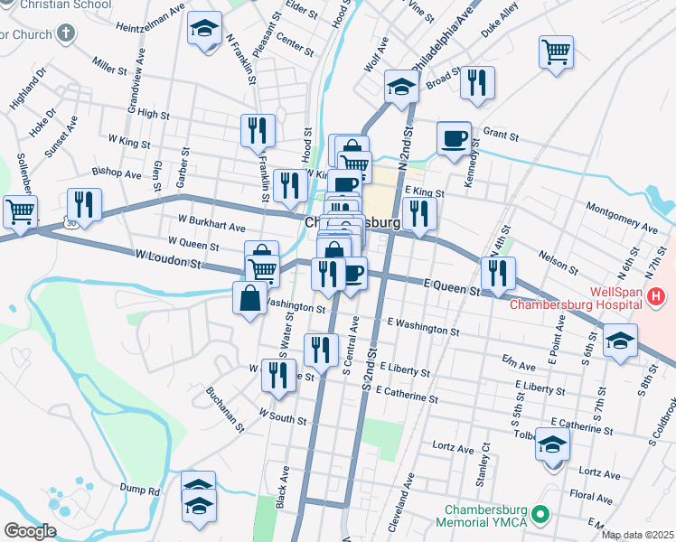 map of restaurants, bars, coffee shops, grocery stores, and more near 32 West Queen Street in Chambersburg