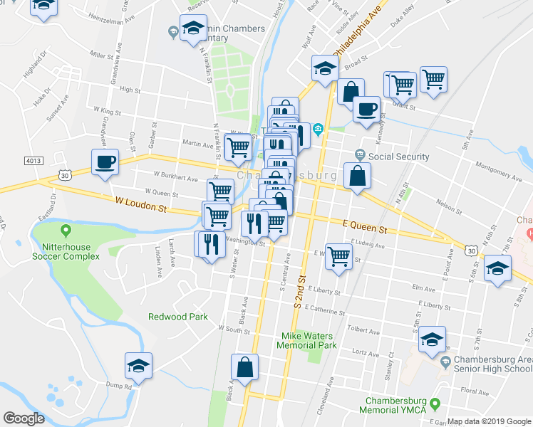 map of restaurants, bars, coffee shops, grocery stores, and more near 29 West Queen Street in Chambersburg