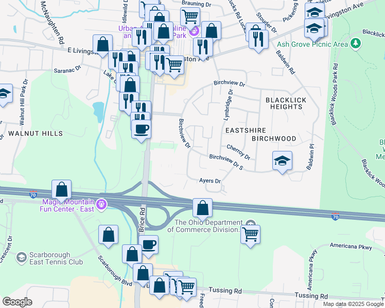 map of restaurants, bars, coffee shops, grocery stores, and more near 2186 Pine Tree Lane in Reynoldsburg