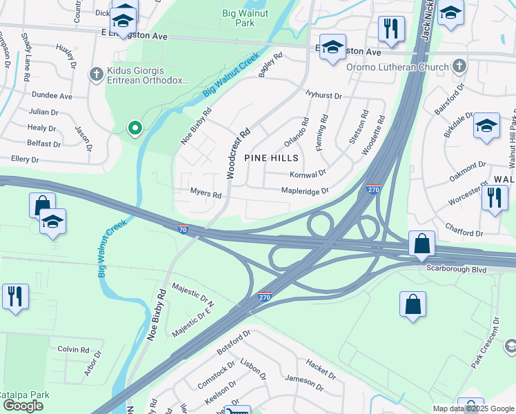 map of restaurants, bars, coffee shops, grocery stores, and more near 5119 Cedar Drive in Columbus