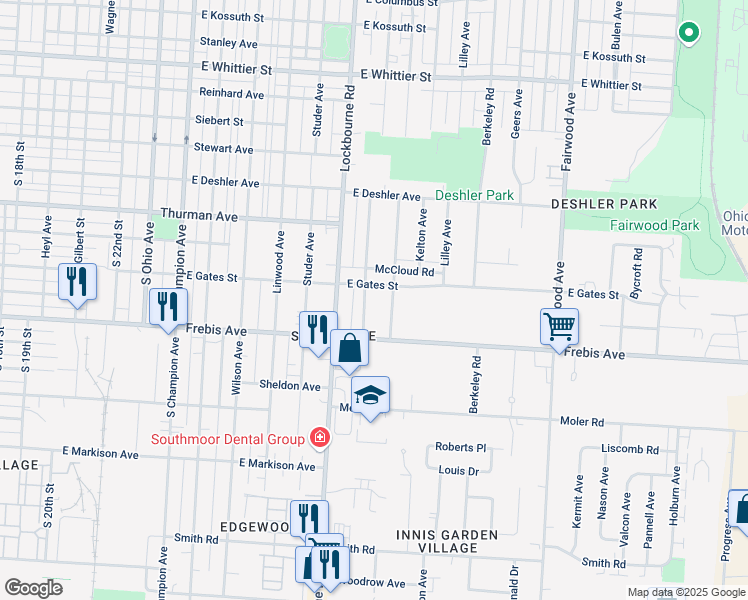 map of restaurants, bars, coffee shops, grocery stores, and more near 1455 Ellsworth Avenue in Columbus
