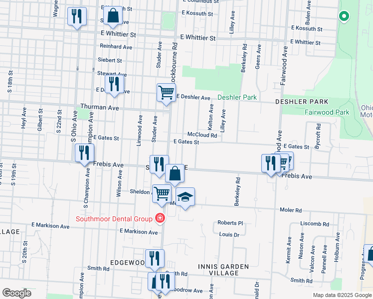 map of restaurants, bars, coffee shops, grocery stores, and more near 1455 Ellsworth Avenue in Columbus