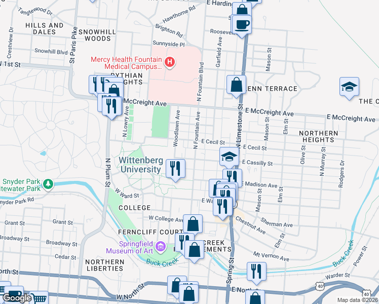 map of restaurants, bars, coffee shops, grocery stores, and more near 917 North Fountain Avenue in Springfield