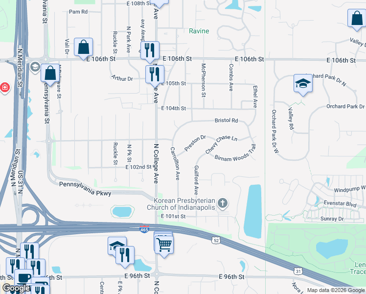 map of restaurants, bars, coffee shops, grocery stores, and more near 824 Preston Drive in Indianapolis