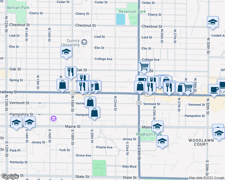 map of restaurants, bars, coffee shops, grocery stores, and more near 2075 Broadway Street in Quincy