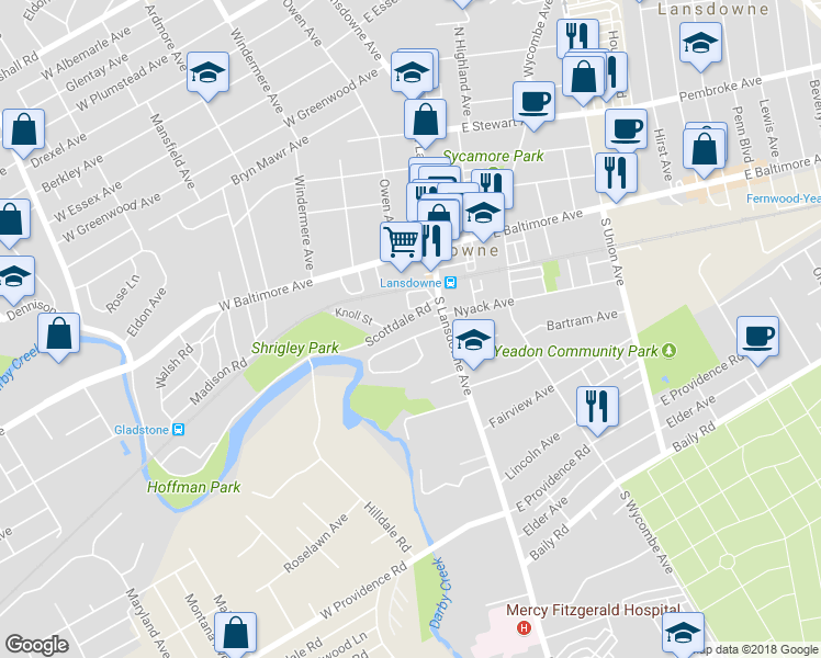 map of restaurants, bars, coffee shops, grocery stores, and more near 99 Lansdowne Court in Lansdowne