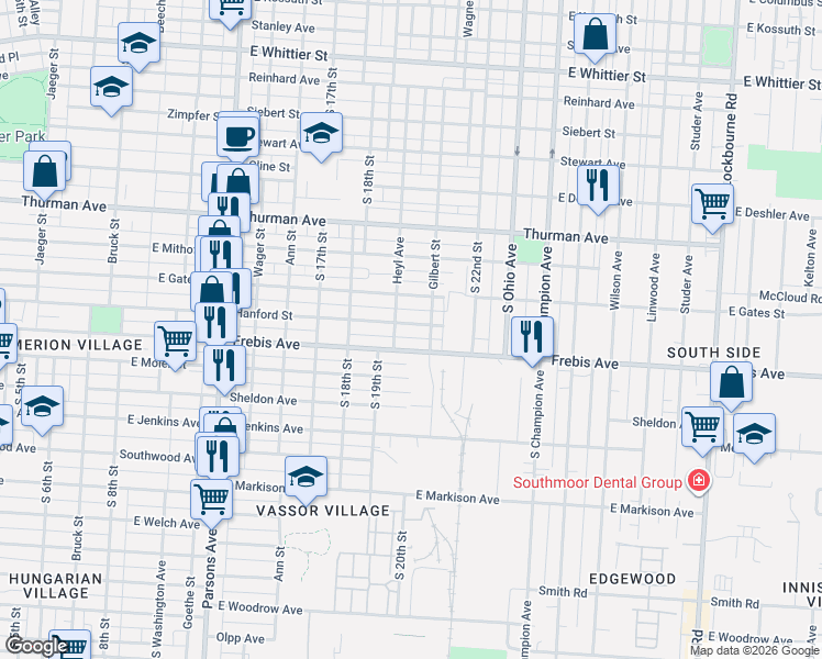 map of restaurants, bars, coffee shops, grocery stores, and more near 680 Hanford Street in Columbus