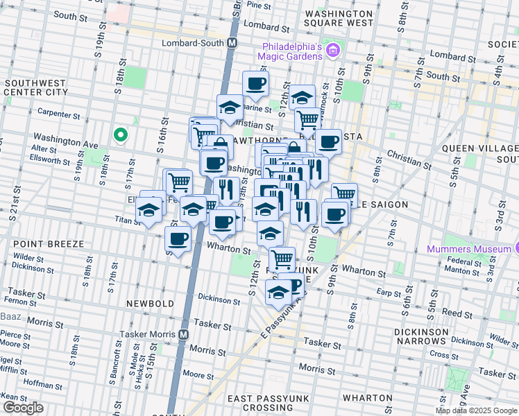 map of restaurants, bars, coffee shops, grocery stores, and more near 1211 Annin Street in Philadelphia