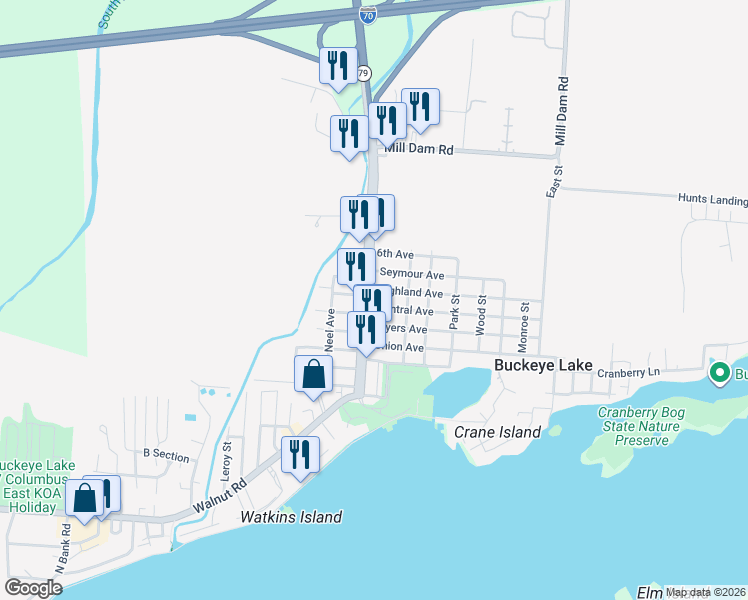 map of restaurants, bars, coffee shops, grocery stores, and more near 42 Highland Avenue in Buckeye Lake