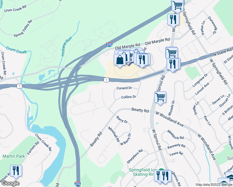 map of restaurants, bars, coffee shops, grocery stores, and more near 467 Conard Drive in Springfield