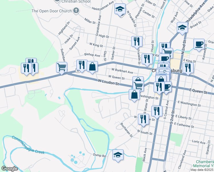 map of restaurants, bars, coffee shops, grocery stores, and more near 422 West Loudon Street in Chambersburg