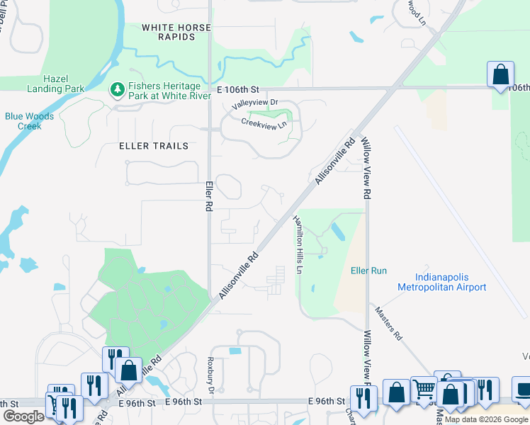 map of restaurants, bars, coffee shops, grocery stores, and more near 1822 Deerbrook Drive in Fishers