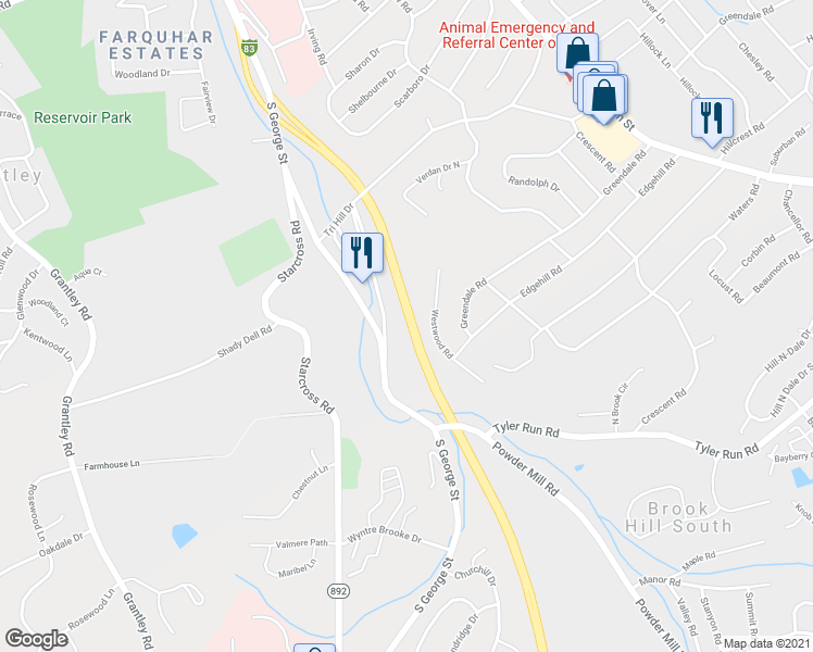 map of restaurants, bars, coffee shops, grocery stores, and more near 1507 South Duke Street in York