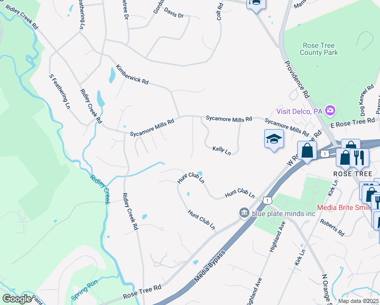 map of restaurants, bars, coffee shops, grocery stores, and more near 310 Sycamore Mills Road in Media