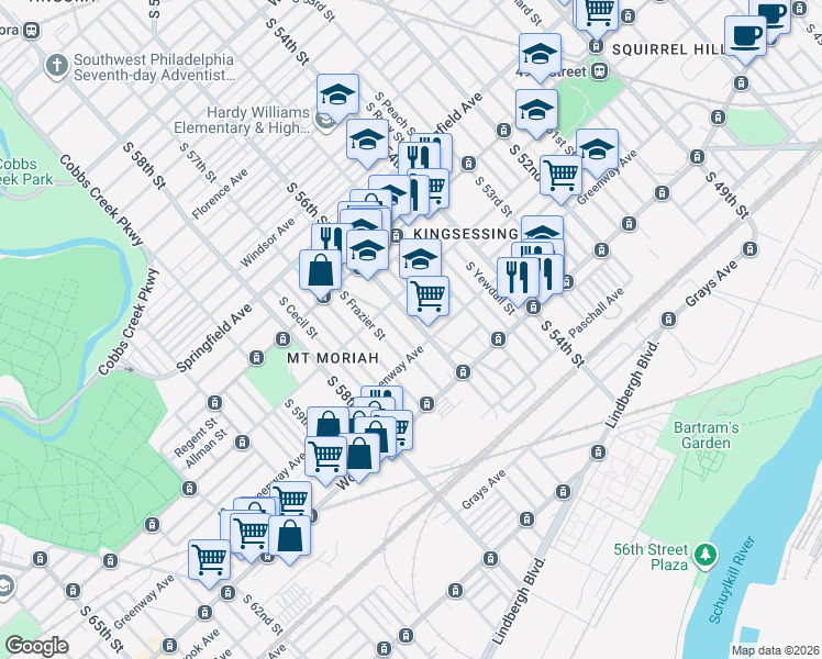 map of restaurants, bars, coffee shops, grocery stores, and more near 1838 South 56th Street in Philadelphia