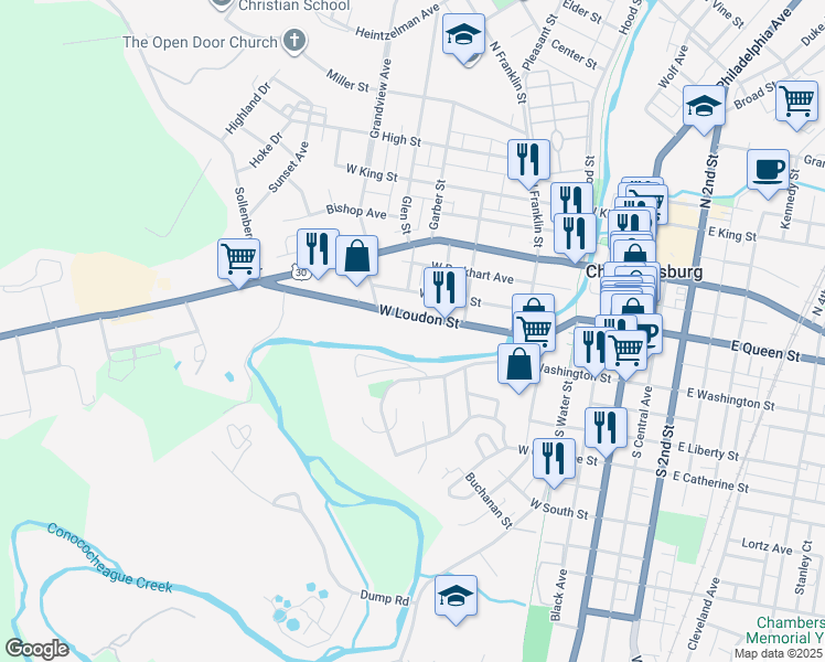 map of restaurants, bars, coffee shops, grocery stores, and more near 422 West Loudon Street in Chambersburg