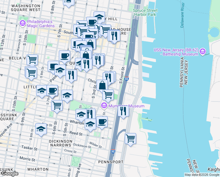 map of restaurants, bars, coffee shops, grocery stores, and more near 852 South 2nd Street in Philadelphia