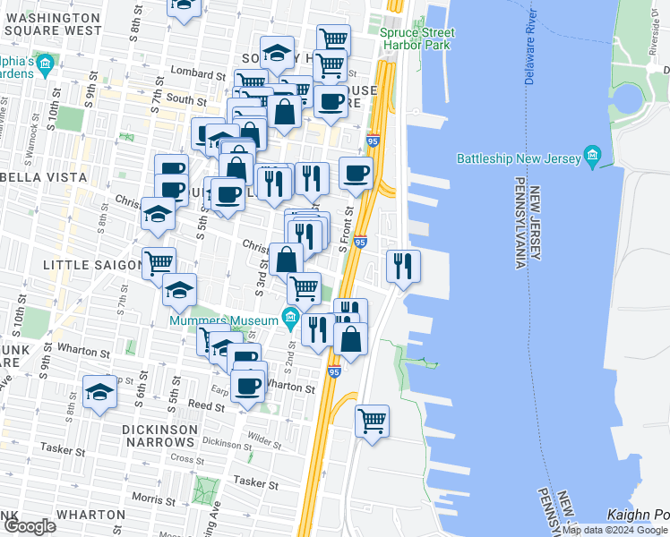 map of restaurants, bars, coffee shops, grocery stores, and more near 854 South Front Street in Philadelphia