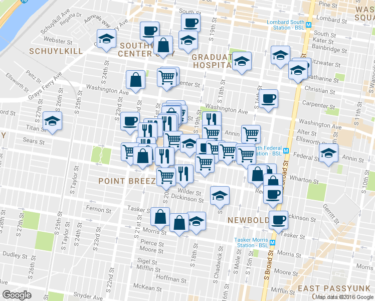 map of restaurants, bars, coffee shops, grocery stores, and more near 1905 Titan Street in Philadelphia