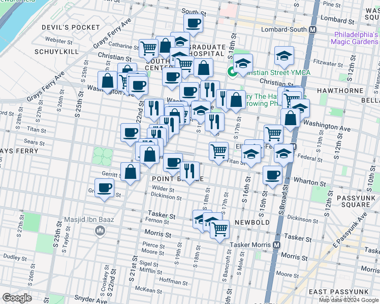 map of restaurants, bars, coffee shops, grocery stores, and more near 1905 Titan Street in Philadelphia