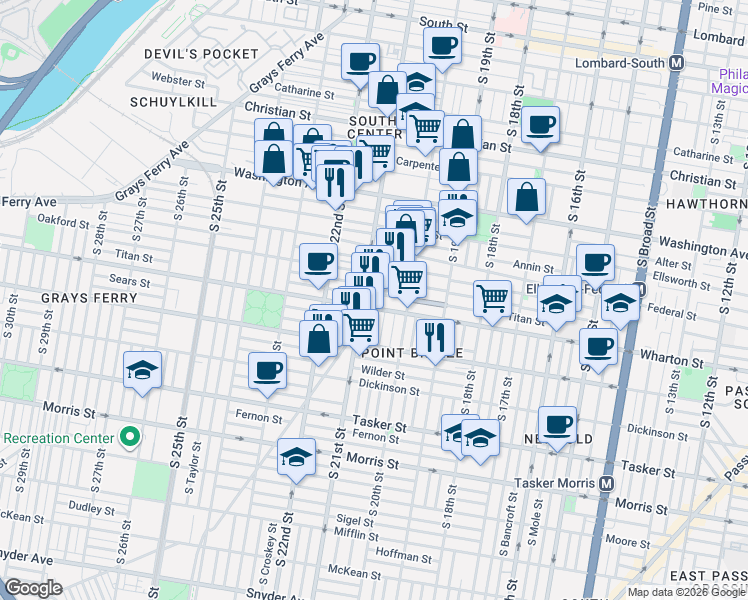 map of restaurants, bars, coffee shops, grocery stores, and more near 2042 Titan Street in Philadelphia