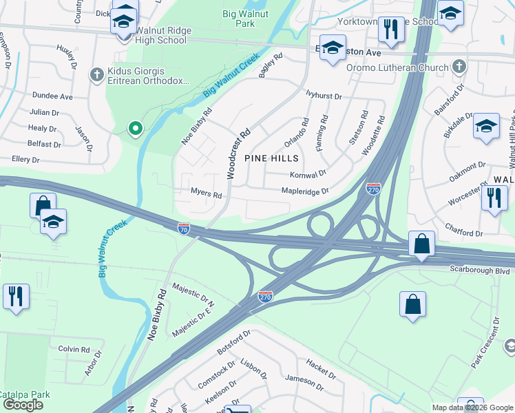 map of restaurants, bars, coffee shops, grocery stores, and more near 5119 Cedar Drive in Columbus