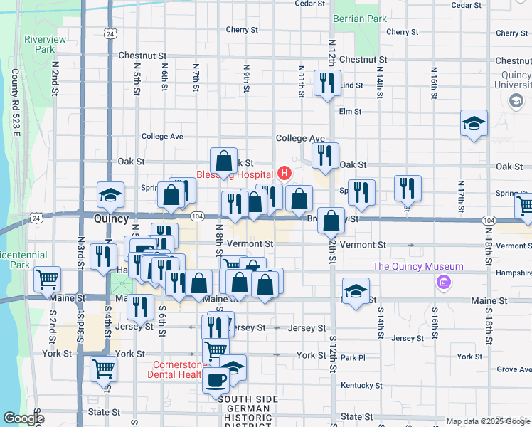 map of restaurants, bars, coffee shops, grocery stores, and more near 927 Broadway Street in Quincy