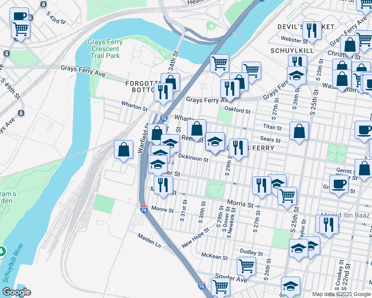 map of restaurants, bars, coffee shops, grocery stores, and more near 1425 South Patton Street in Philadelphia