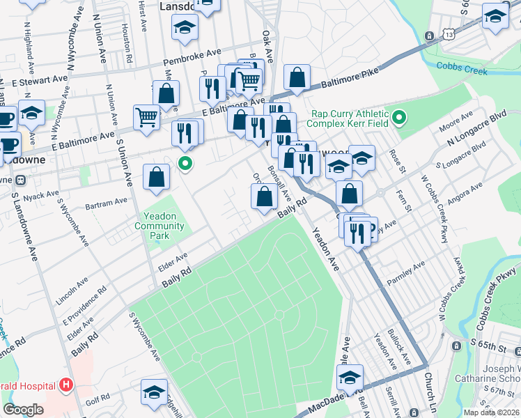 map of restaurants, bars, coffee shops, grocery stores, and more near 530 Orchard Avenue in Yeadon