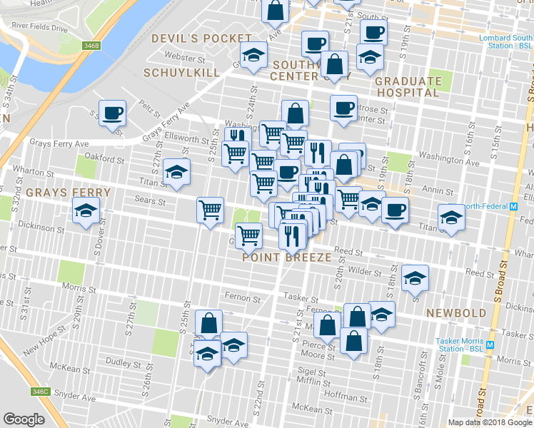 map of restaurants, bars, coffee shops, grocery stores, and more near 2246 Wharton Street in Philadelphia