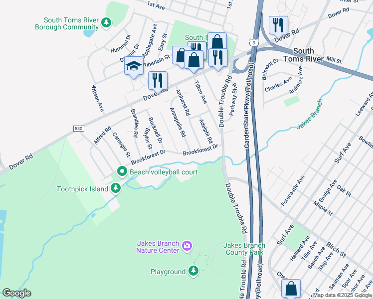 map of restaurants, bars, coffee shops, grocery stores, and more near 40 Annapolis Road in Toms River