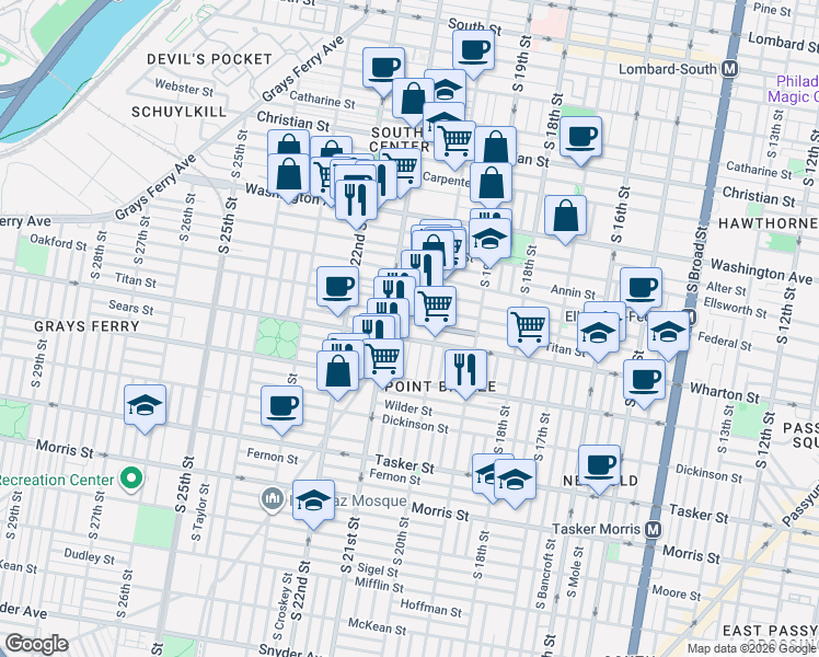 map of restaurants, bars, coffee shops, grocery stores, and more near 2042 Titan Street in Philadelphia