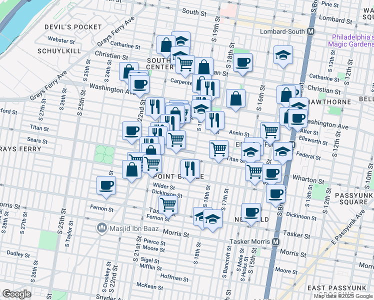 map of restaurants, bars, coffee shops, grocery stores, and more near 1917 Titan Street in Philadelphia