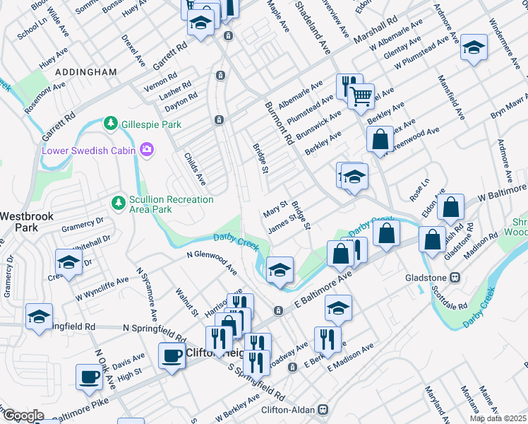 map of restaurants, bars, coffee shops, grocery stores, and more near 3943 Mary Street in Upper Darby
