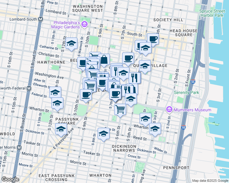 map of restaurants, bars, coffee shops, grocery stores, and more near 1029 South 7th Street in Philadelphia
