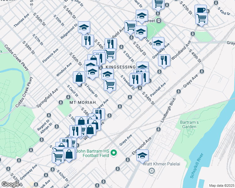 map of restaurants, bars, coffee shops, grocery stores, and more near 5526 Greenway Avenue in Philadelphia