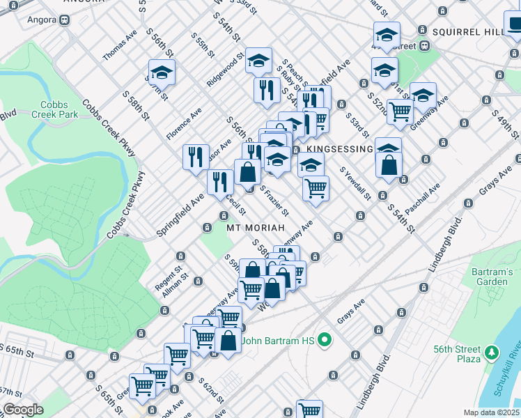 map of restaurants, bars, coffee shops, grocery stores, and more near 1940 South 57th Street in Philadelphia