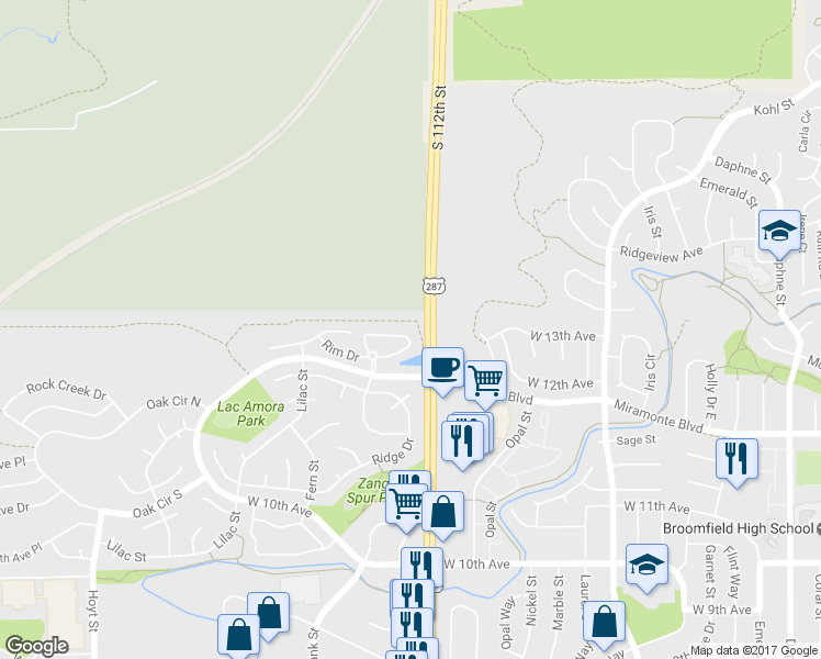 map of restaurants, bars, coffee shops, grocery stores, and more near 2145 Sunridge Circle in Broomfield