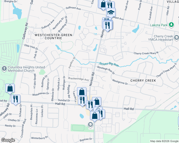 map of restaurants, bars, coffee shops, grocery stores, and more near 605 Simbury Street in Columbus