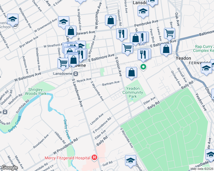 map of restaurants, bars, coffee shops, grocery stores, and more near 112 Bartram Avenue in Lansdowne