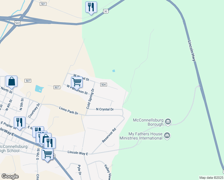 map of restaurants, bars, coffee shops, grocery stores, and more near 111 East Wood Street in McConnellsburg