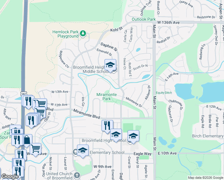 map of restaurants, bars, coffee shops, grocery stores, and more near 1500 Monterey Court in Broomfield