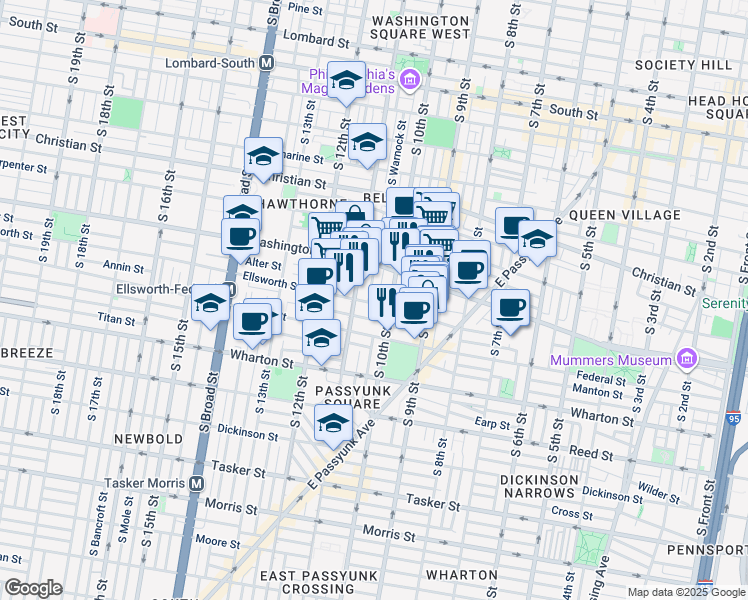 map of restaurants, bars, coffee shops, grocery stores, and more near 1019 Ellsworth Street in Philadelphia