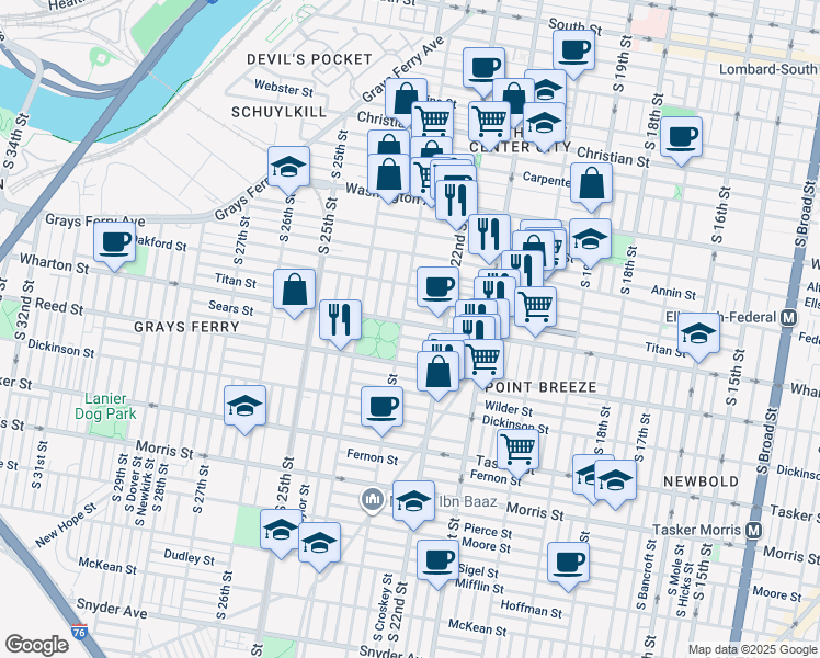 map of restaurants, bars, coffee shops, grocery stores, and more near 2246 Wharton Street in Philadelphia