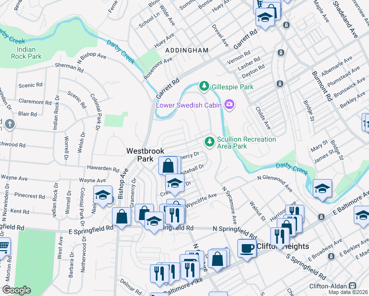 map of restaurants, bars, coffee shops, grocery stores, and more near 5123 Palmer Mill Road in Clifton Heights